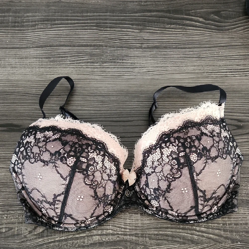 Adore Me Emanuelly Lace Pushup Bra - Black and Pink - Picture 1 of 5